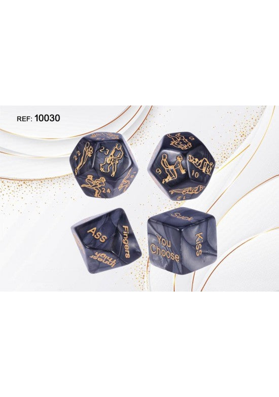 Set de 4 dados eróticos nacarados negro con grabados dorados de posturas e instrucciones