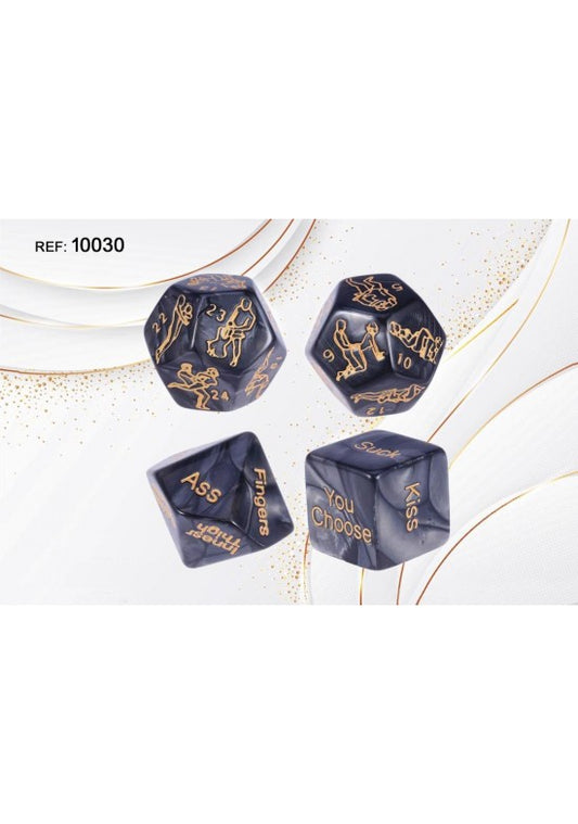 Set de 4 dados eróticos nacarados negro con grabados dorados de posturas e instrucciones