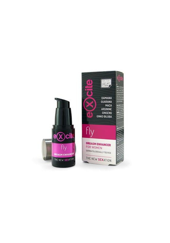 Frasco y caja del gel potenciador íntimo femenino eXXcite Fly con extractos naturales
