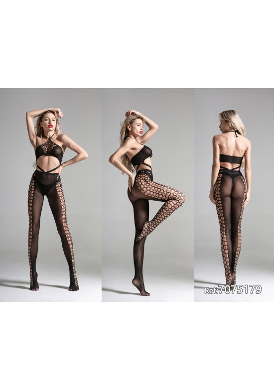 Bodystocking negro de red con calado circular lateral y top halter