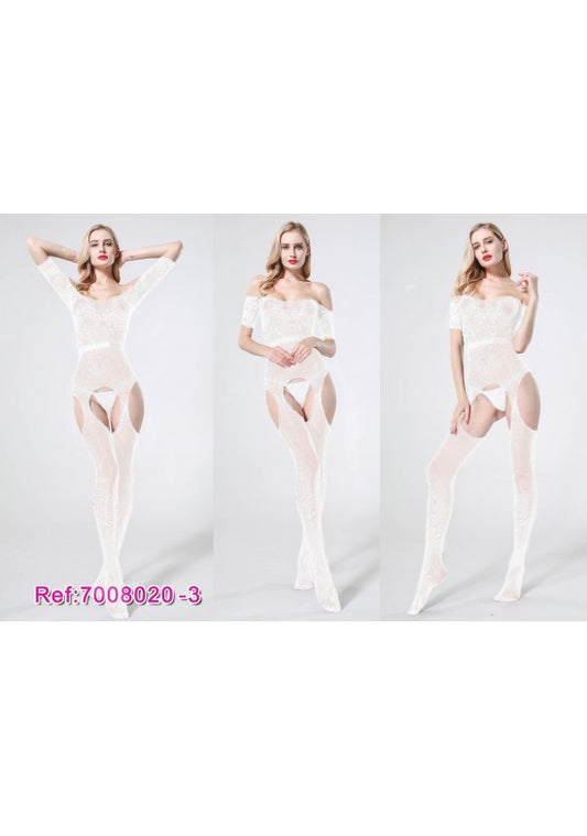 Bodystocking blanco de encaje floral con medias integradas de tiro alto