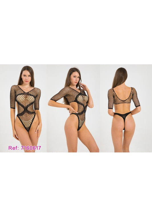 Body lencero negro de red con manga media, cuello V cruzado y tanga