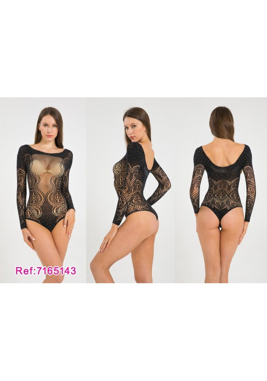 Body de lencería negro de manga larga con encaje, red y strass, vistas frontal y trasera