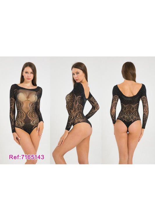 Body de lencería negro de manga larga con encaje, red y strass, vistas frontal y trasera