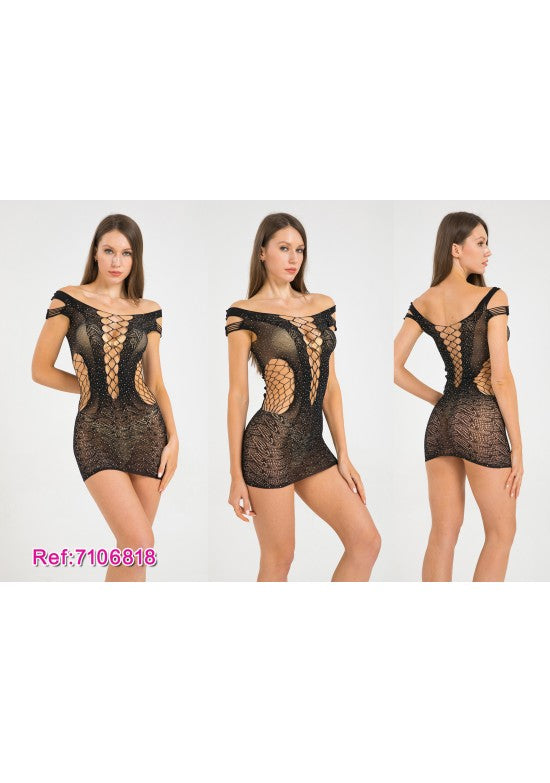Mini vestido de lencería negro off-shoulder con red y strass para mujer