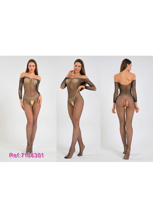 Bodystocking negro de rejilla manga larga hombros descubiertos con aberturas