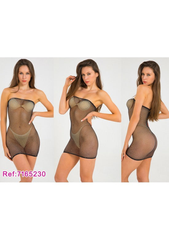 Mini vestido body stocking negro de red con strass y escote recto sin tirantes