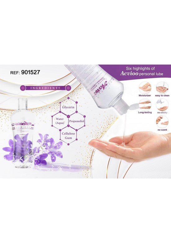 Lubricante personal base agua Acvioo 500ml con envase transparente y diseño floral morado