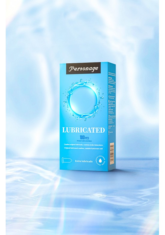 Caja azul de 100 preservativos Personage Lubricated con ácido hialurónico