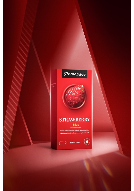 Caja roja Personage Strawberry 100 preservativos sabor fresa con ácido hialurónico
