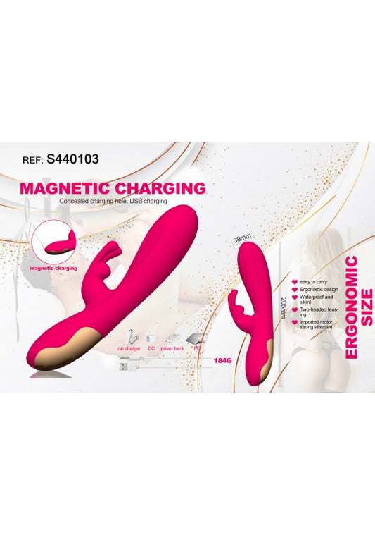 Vibrador rabbit rosa fucsia de silicona con base de carga magnética USB