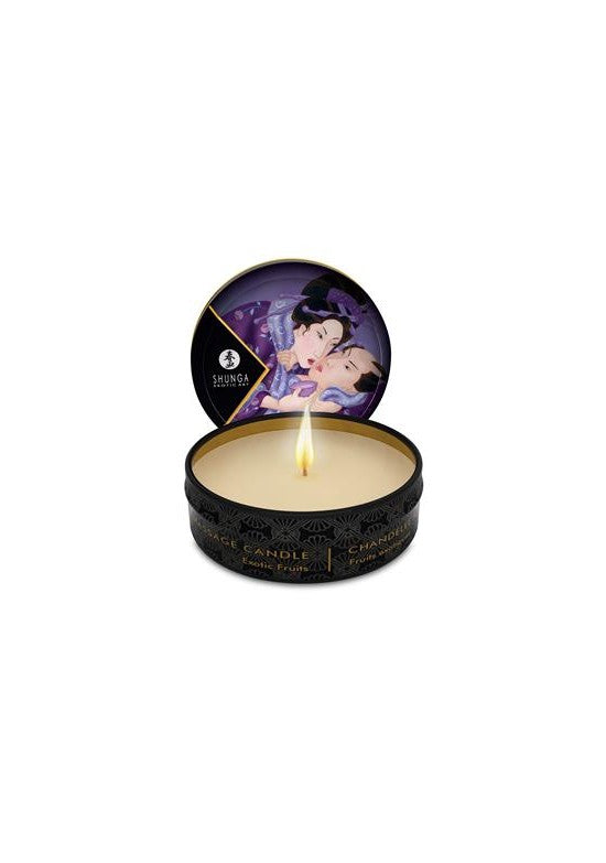 Vela de masaje Shunga mini lata aroma frutas exóticas tonos morados