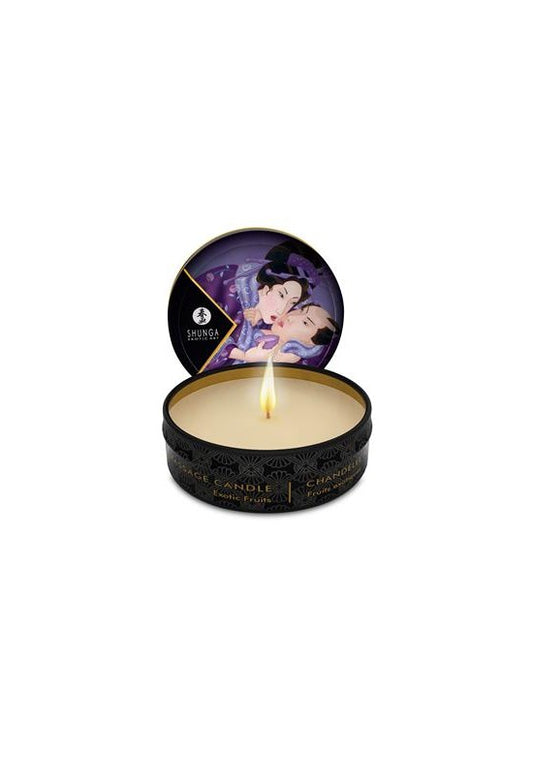 Vela de masaje Shunga mini lata aroma frutas exóticas tonos morados