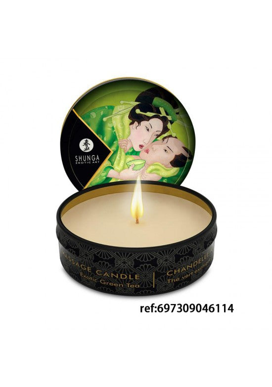 Vela de masaje Shunga mini lata aroma té verde exótico tonos verdes