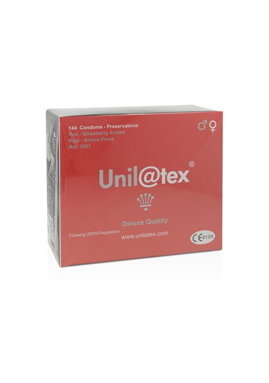 Caja roja de 144 preservativos Unilatex aroma fresa Deluxe Quality