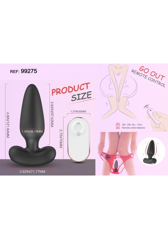 Plug anal vibrador negro de silicona con mando a distancia inalámbrico