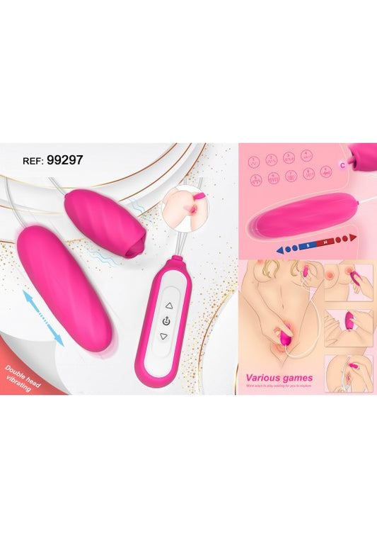 Doble huevo vibrador rosa fucsia con mando a cable blanco