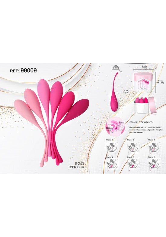 Set de seis huevos Kegel de silicona en tonos degradados de rosa con estuche organizador