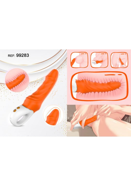 Vibrador estimulador de silicona texturizada color naranja con mango ergonómico blanco