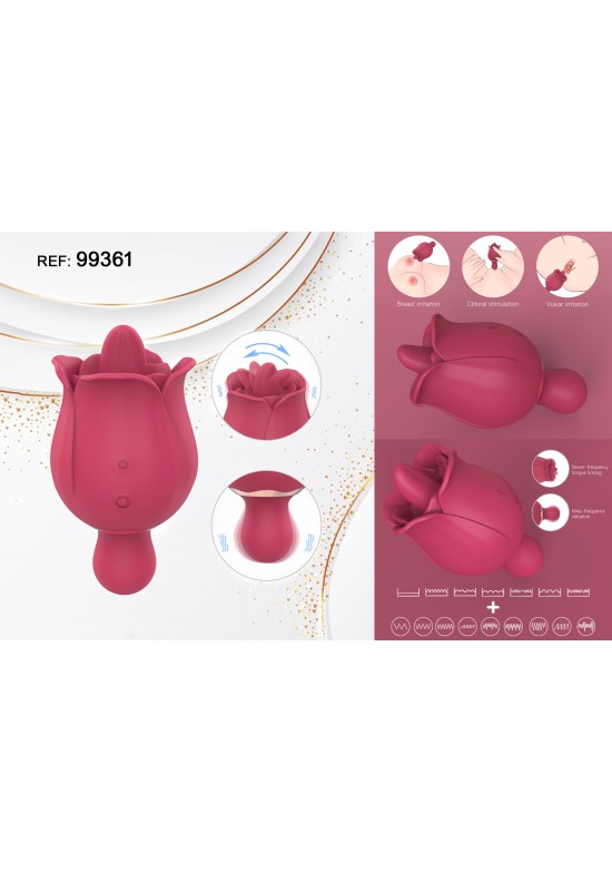 Estimulador clitorial de silicona color burdeos con diseño de rosa y cabezal articulado