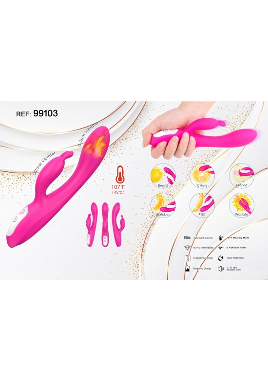 Vibrador rabbit en silicona fucsia con función de calor y carga magnética