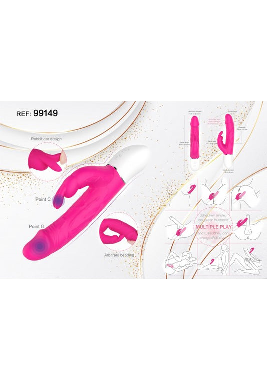 Vibrador rabbit flexible en silicona rosa fucsia con estimulador clitorial tipo orejas