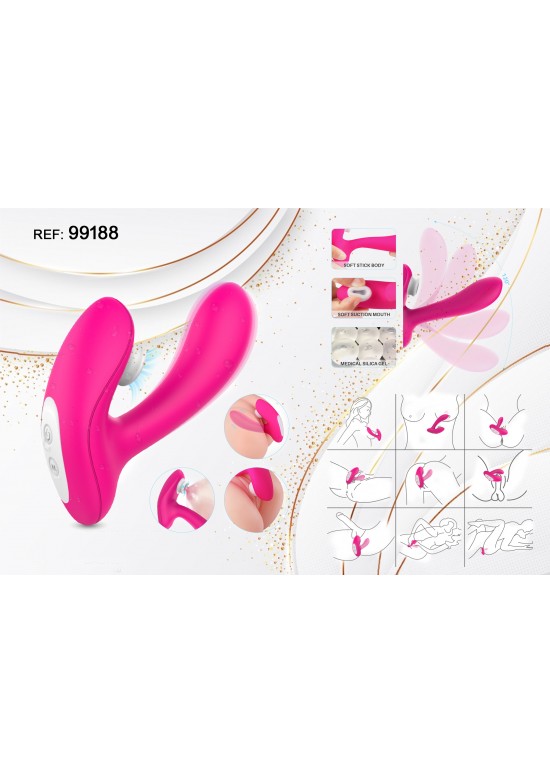 Estimulador doble con succión en silicona médica color rosa fucsia ref 99188
