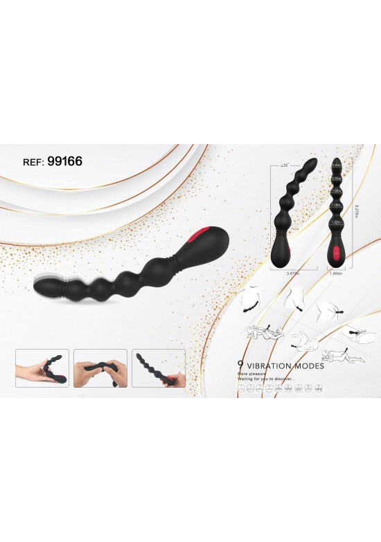 Estimulador anal de perlas vibrante en silicona negra con mango rojo y negro