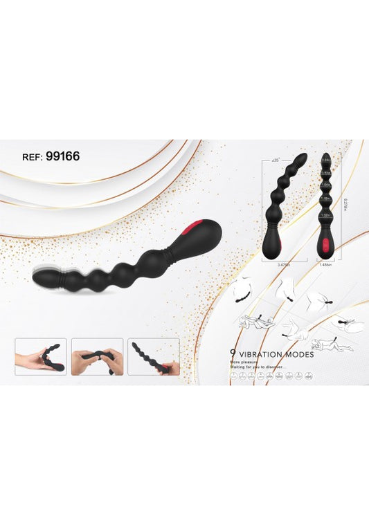 Estimulador anal de perlas vibrante en silicona negra con mango rojo y negro