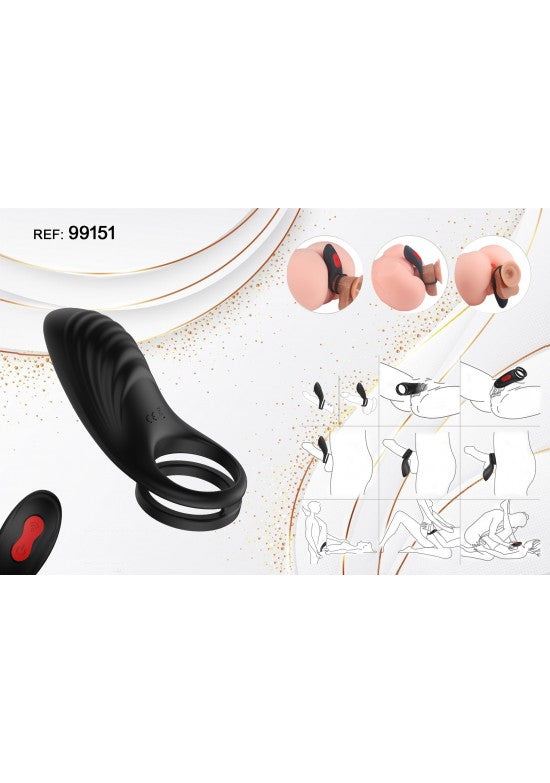 Anillo vibrador doble de silicona negra con mando a distancia rojo