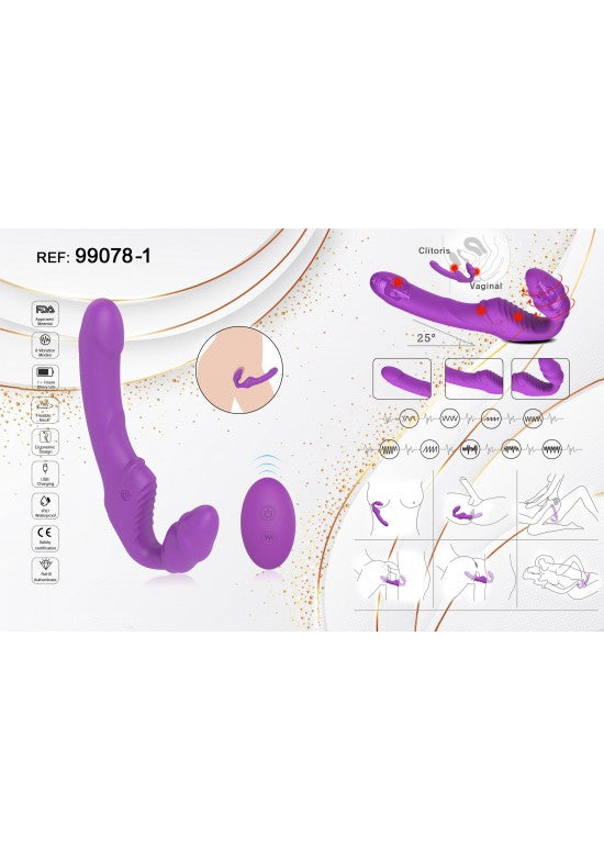 Vibrador doble de silicona morada con mando a distancia inalámbrico y estimulador clitorial