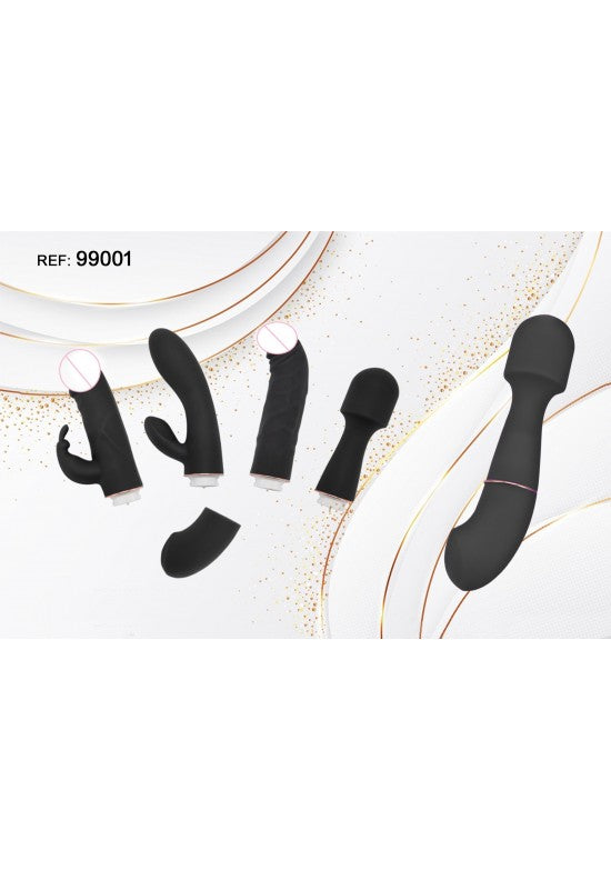 Set de masajeador wand negro con cinco cabezales intercambiables de silicona
