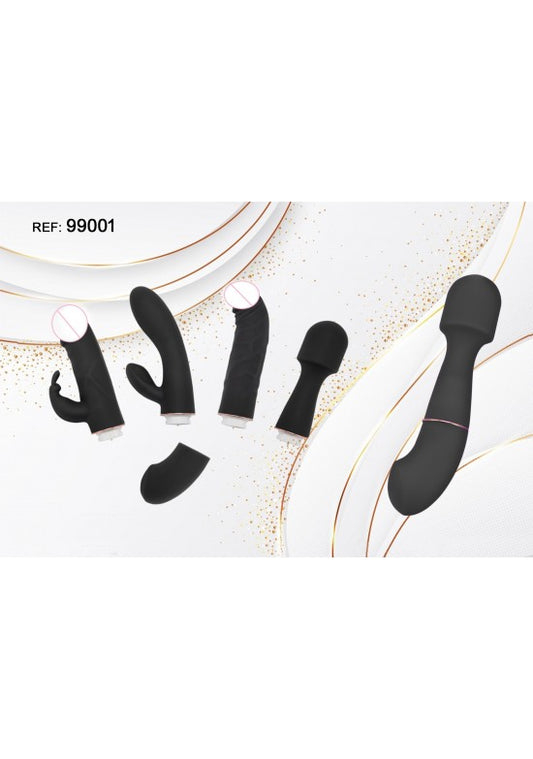 Set de masajeador wand negro con cinco cabezales intercambiables de silicona