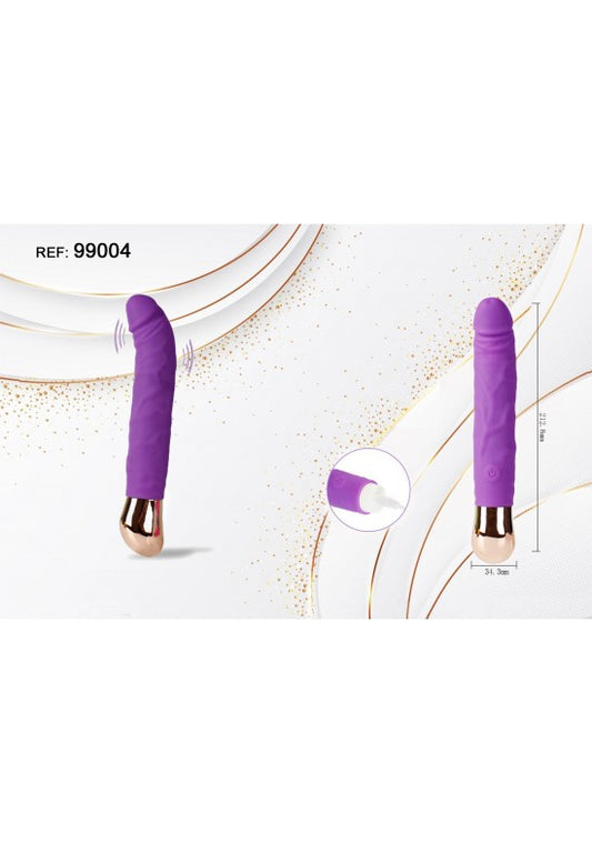 Vibrador de silicona lila con base dorada y cable de carga USB