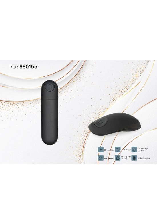 Vibrador bala negro con mando a distancia inalámbrico sobre fondo blanco