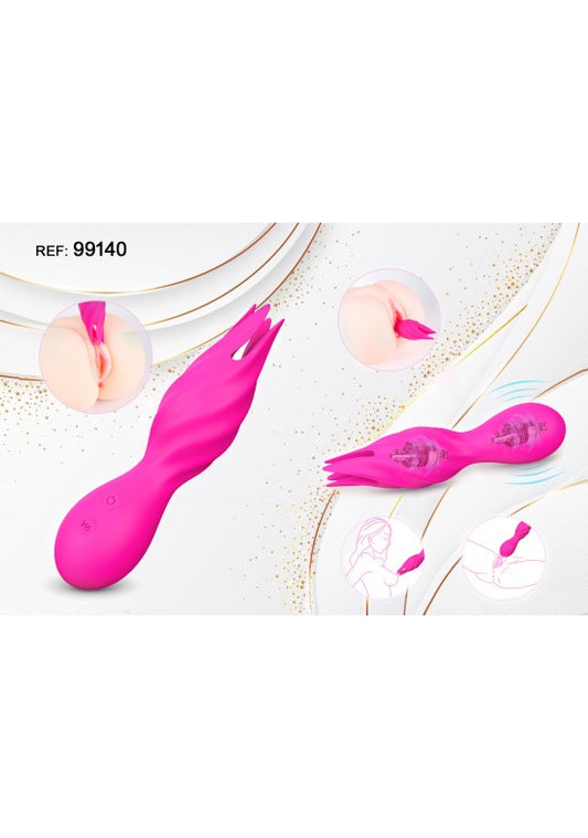 Estimulador clitorial bifurcado en silicona fucsia con mango ergonómico