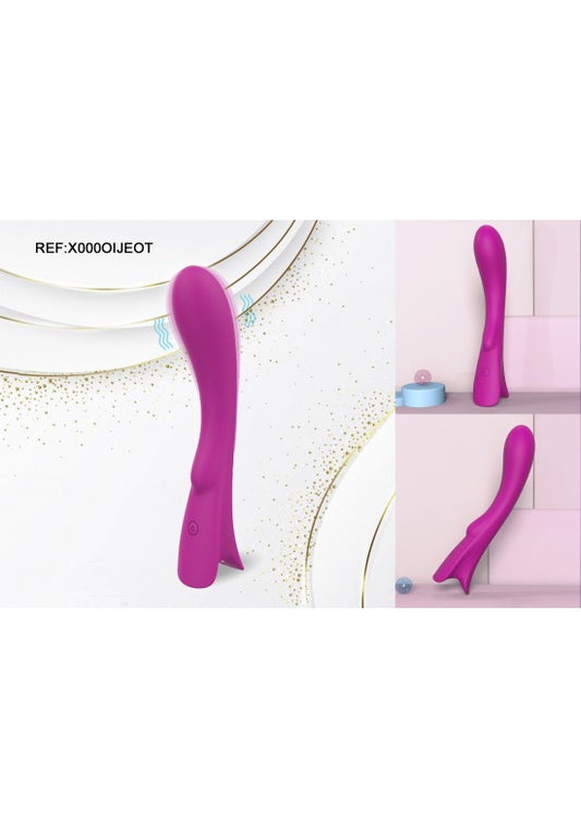 Vibrador curvo de silicona fucsia con base estabilizadora en forma de aleta