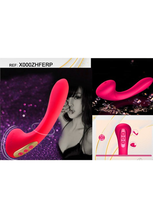 Vibrador curvo de silicona rojo coral con curvatura anatómica para punto G y botones dorados