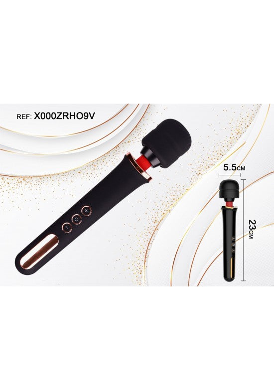 Masajeador wand negro con cabezal redondo blando y detalles en rojo y dorado