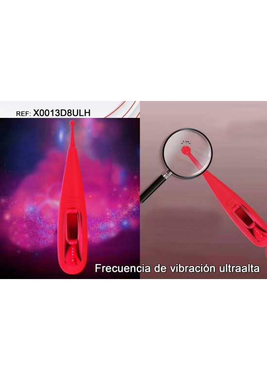 Vibrador de punta ultrafina rojo con detalle de tamaño de cabezal