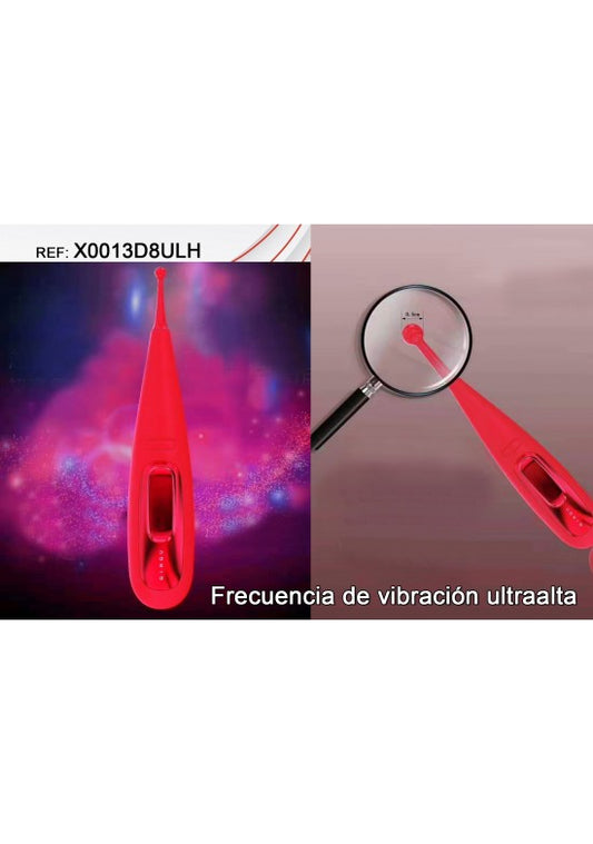 Vibrador de punta ultrafina rojo con detalle de tamaño de cabezal