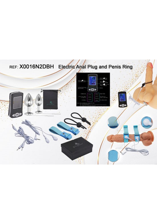 Kit de electroestimulación íntima con plugs anales metálicos, anillo peneano y mando de control digital