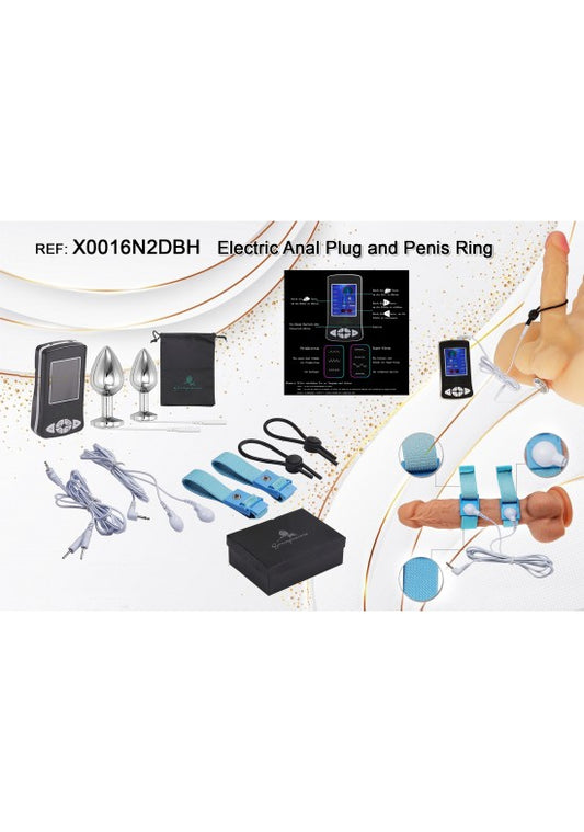 Kit de electroestimulación íntima con plugs anales metálicos, anillo peneano y mando de control digital