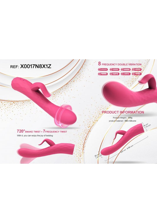 Vibrador doble rotación 720 grados en silicona rosa con 8 frecuencias de vibración