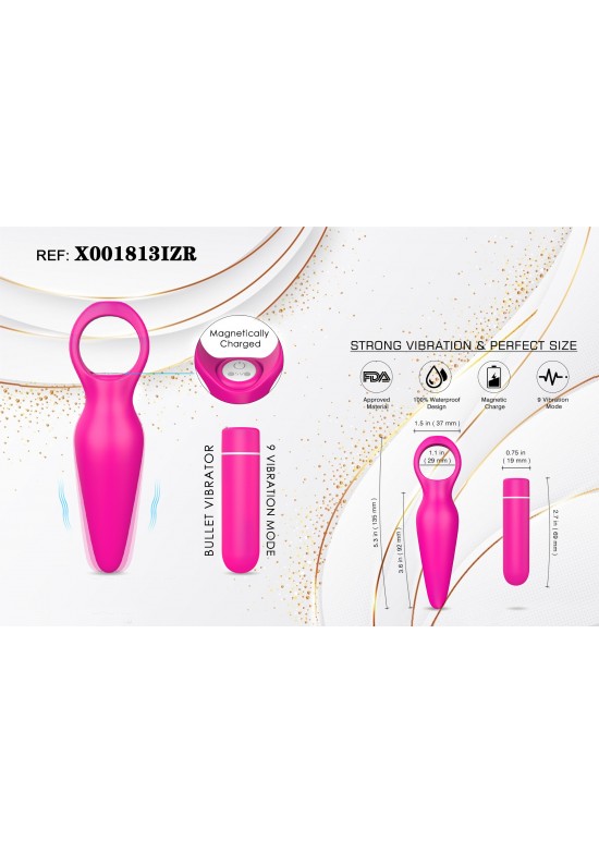 Vibrador bullet compacto en silicona rosa fucsia con anilla y carga magnética, ref. X001813IZR