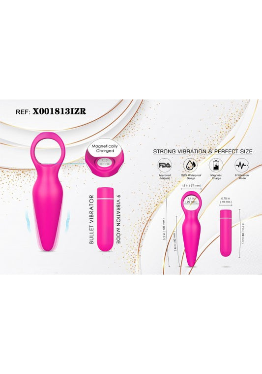 Vibrador bullet compacto en silicona rosa fucsia con anilla y carga magnética, ref. X001813IZR