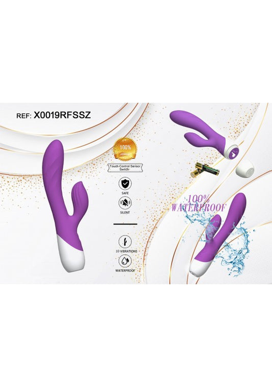 Estimulador doble de silicona lila y blanco waterproof con control táctil y 10 modos de vibración