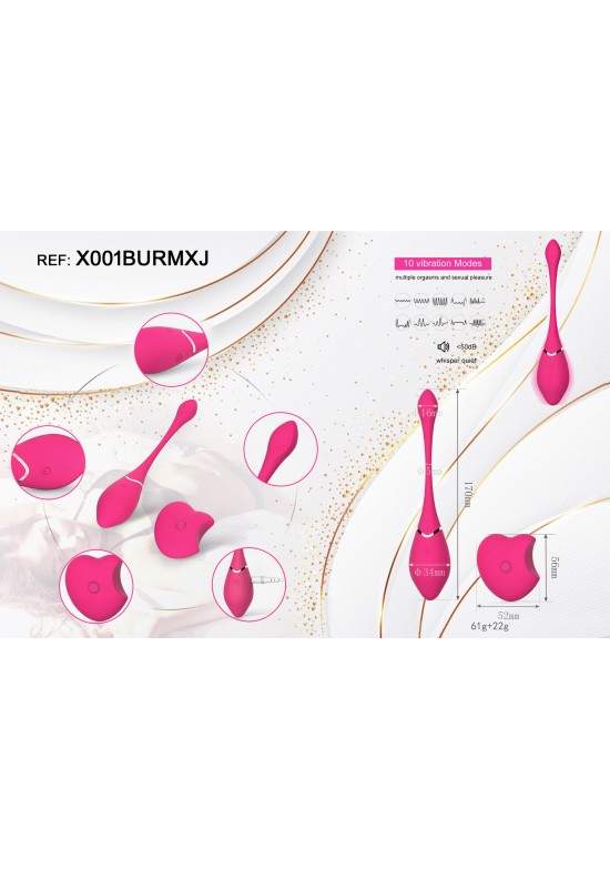 Huevo vibrador de silicona fucsia con mando a distancia en forma de corazón y esquema de medidas