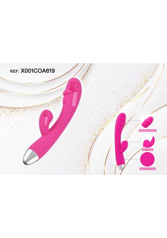 Vibrador doble estimulación en silicona rosa fucsia con brazo de estimulación adicional y punta metálica