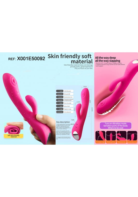 Vibrador rabbit de silicona rosa con doble brazo estimulador y diseño ergonómico